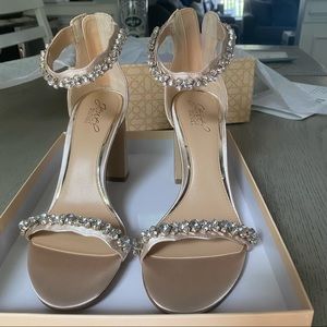 JEWEL BADGLEY MISCHKA: Satin Crystal Block Heels